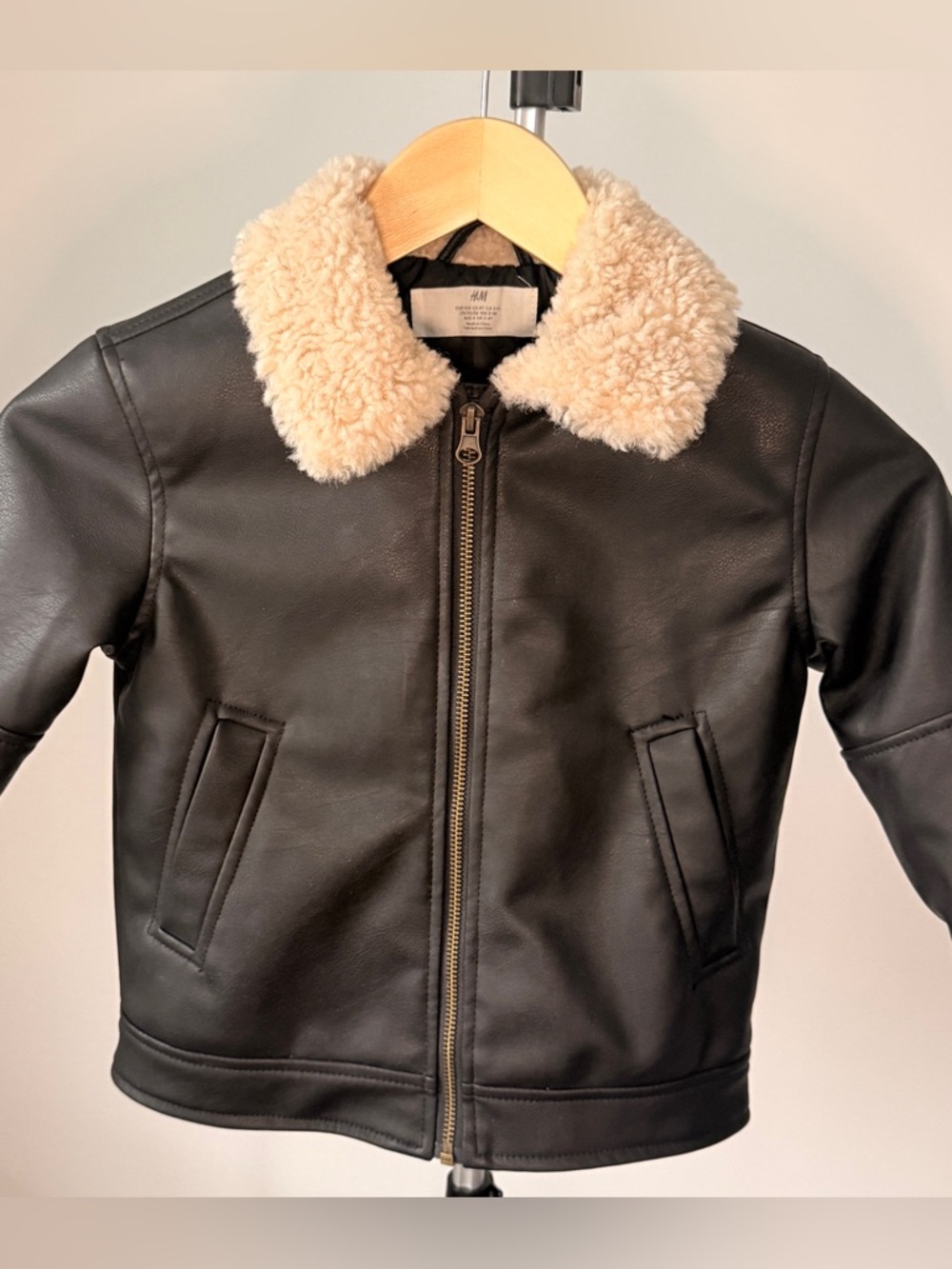 H&M Kids Black Aviator Jacket with Sherpa Collar - Size 4 Vegan Leather